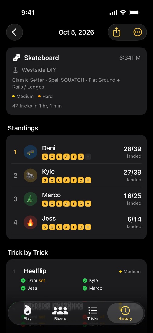 A past session with standings and a trick-by-trick log.