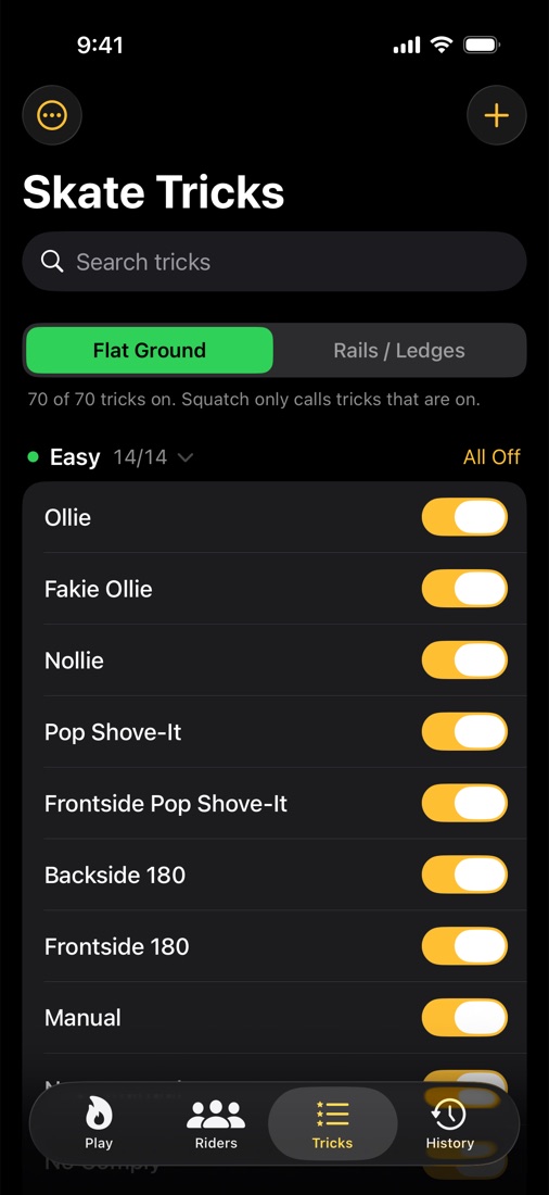 The trick library for flat ground, with a switch for each trick.